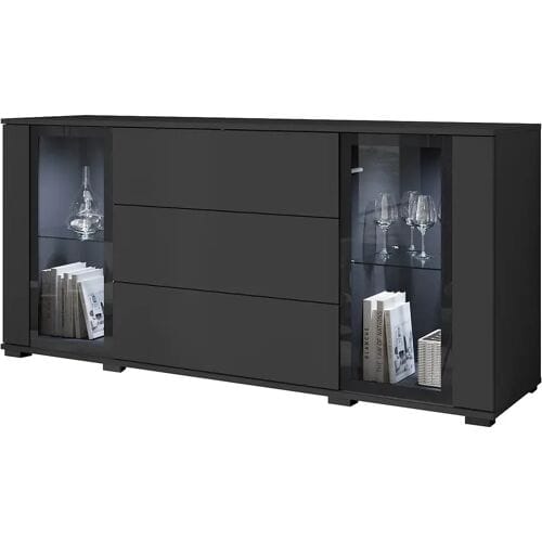 Dressoir 150 cm voor woonkamer met LED – moderne vitrinekast met glas + laden, zwart mat