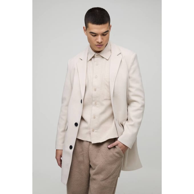 Single Breasted Wool Look Overcoat in Beige | Size Medium