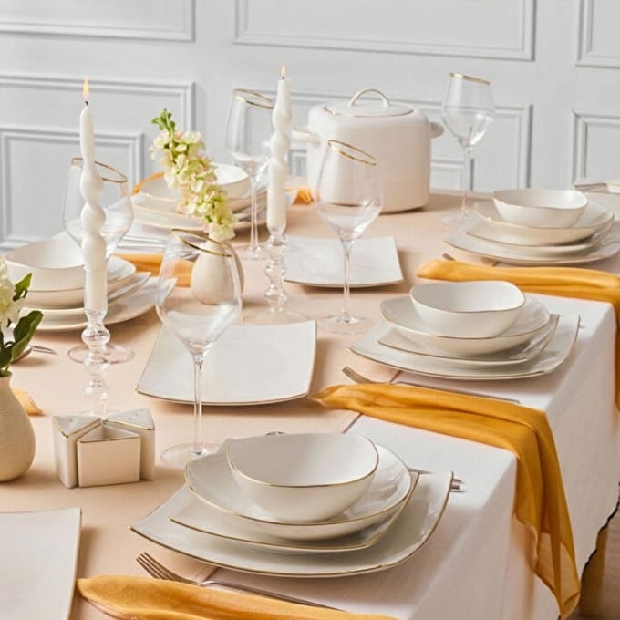 Karaca Square Bone Lucia - Serviesset – 60-delig – 12 Personen – Vierkant Bone China Servies - Luxe Dinerset