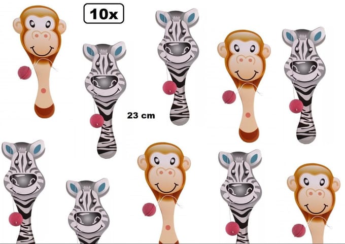 10x Racket met bal aap/zebra 23 cm assortie - speelgoed thema feest verjaardag uitdeel kado kerst