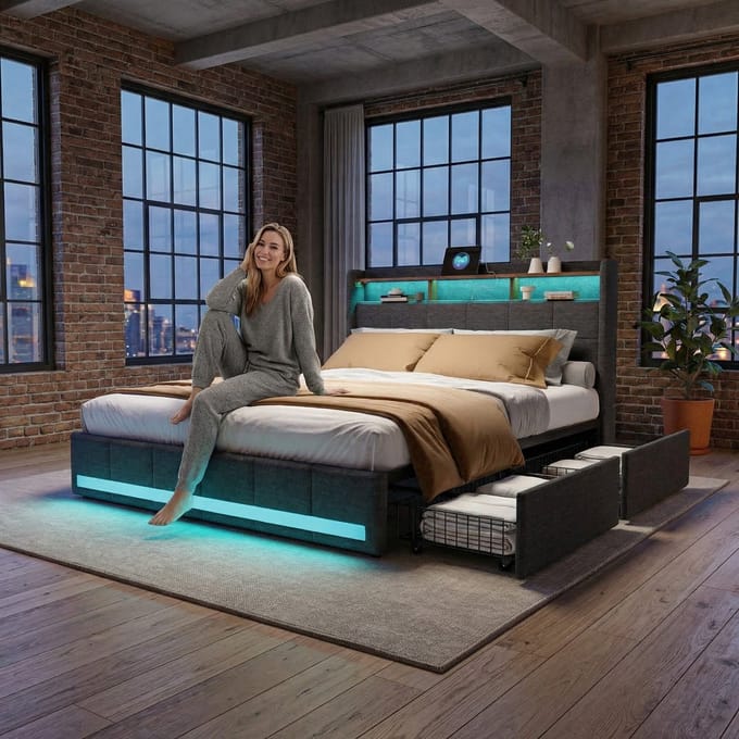 Tweepersoonsbed 140x200 cm Grijs – Stoffen Bed, LED, 4 Lade, USB & Type-C, Opbergruimte