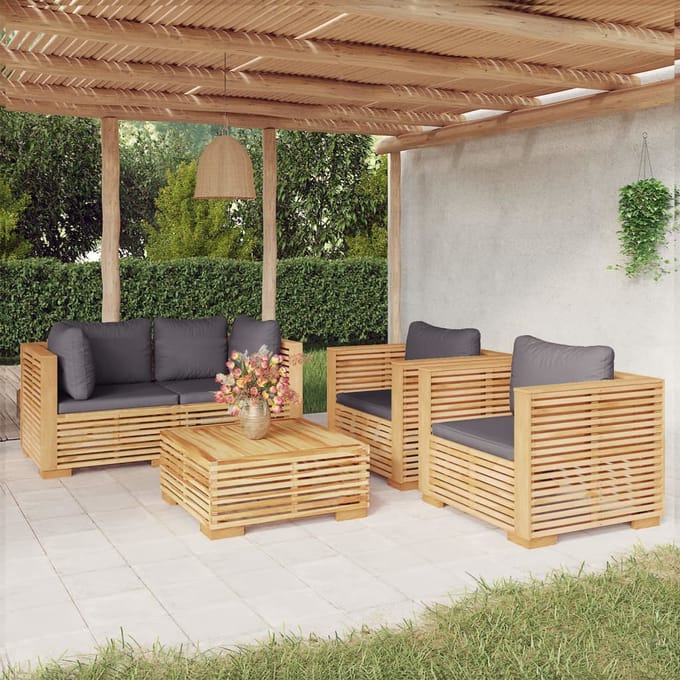 vidaXL - 5-delige - Loungeset - met - kussens - massief - teakhout