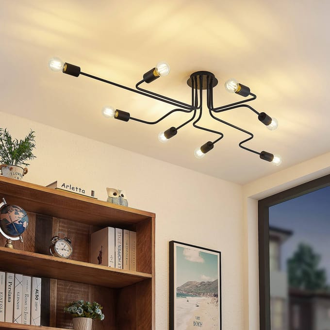 Lindby - plafondlamp - 8lichts - ijzerstaal - H: 20 cm - E27 - zwart