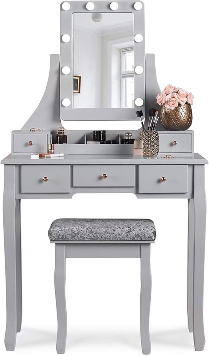 Luxe Make-uptafel Hollywoodstijl met Spiegel, Verlichting en Kruk