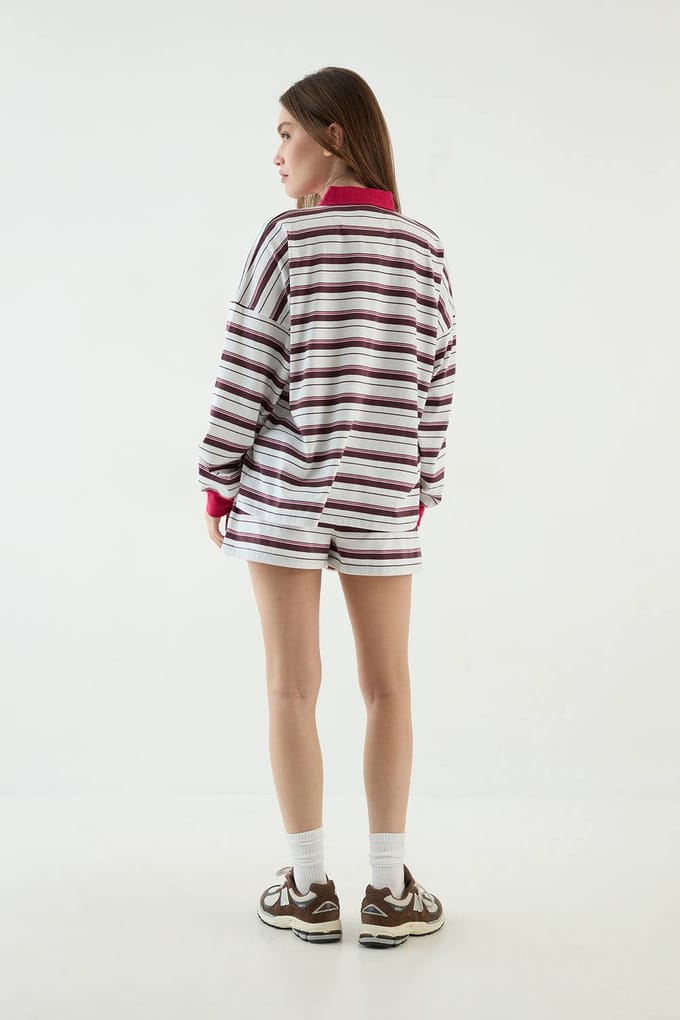 Dames Dsgn Studio Gestreepte Oversized Rugby Top Met Contrasterende Kraag En Lange Mouwen | Ecru | Maat: Medium