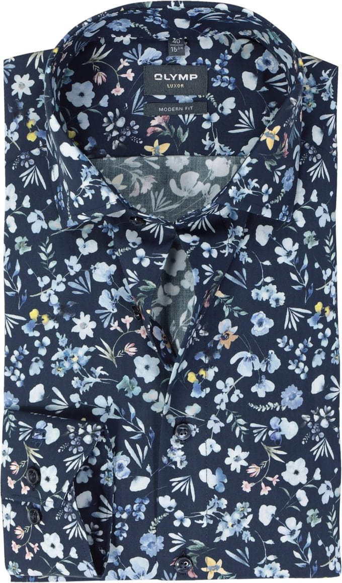 OLYMP modern fit overhemd - popeline - marine blauw dessin - Strijkvrij - Boordmaat: 43