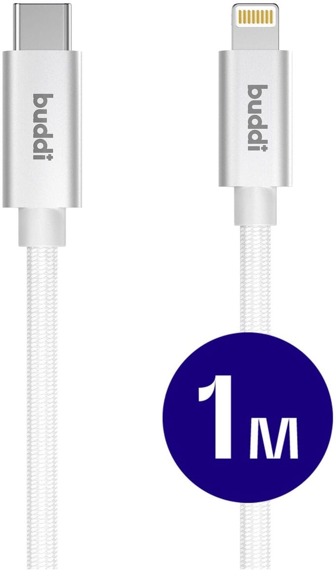 Buddi Flex | USB-C naar Lightning Kabel 20W Fast Charge | Power Delivery | 480Mbps Dataoverdracht | Gevlochten Nylon | 1M | 1 Meter | Wit