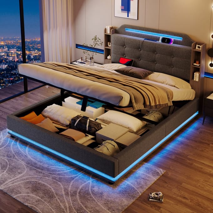 Sweiko Gestoffeerd bed - 140 x 200 cm - LED-verlichting - Opbergruimte - USB + Type-C - Linnen - Grijs