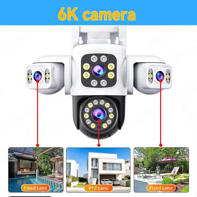 Caméra de sécurité extérieure WiFi 6K 12MP, trois écrans, trois objectifs, PTZ 360°, protection de sécurité, CCTV, caméra de surveillance Yoosee 6k Camera