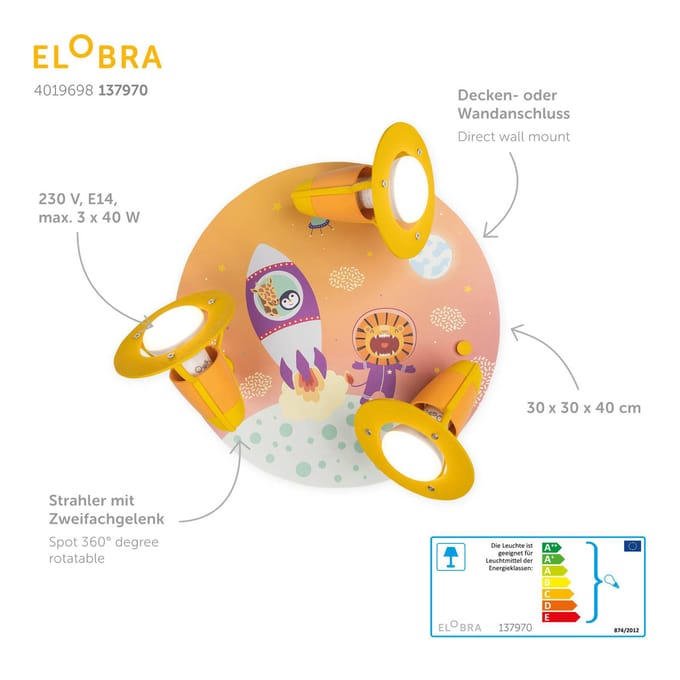 Elobra Rondell Escape plafondlamp, oranje, 3-lamps