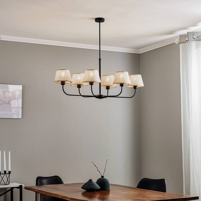 TK Lighting Chicago hanglamp - 6xE27, zwart metaal, linnen kap