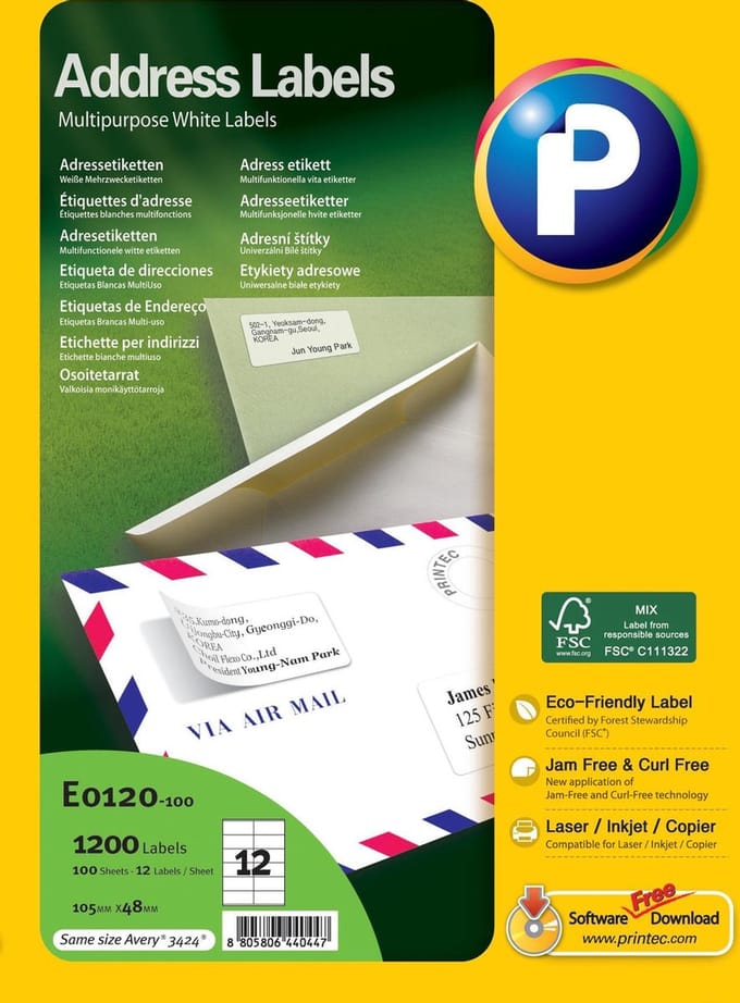 Printec Adres Etiketten - 100 Vel - 105x48mm - 12 Labels per A4 - 1200 Stickers