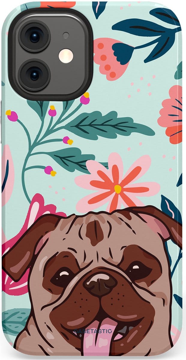 Casetastic hoesje geschikt voor Apple iPhone 12 Mini - Dubbellaagse bescherming - Mopslik - Fashion Case - Lichtgrijs Taupe Wit Petrol