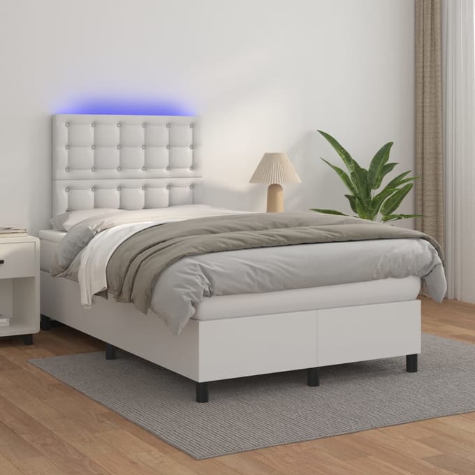 vidaXL - Boxspring - met - matras - en - LED - kunstleer - wit - 120x200 - cm