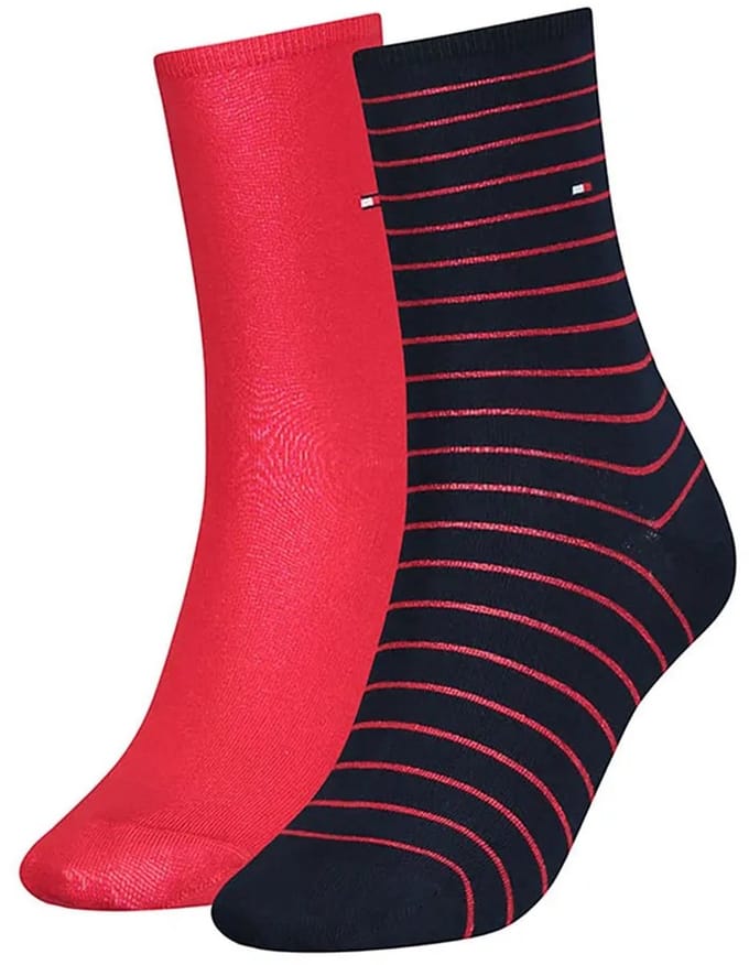 Tommy Hilfiger damessokken Small Stripe (2-pack) - uni en gestreept katoen - rood met blauw