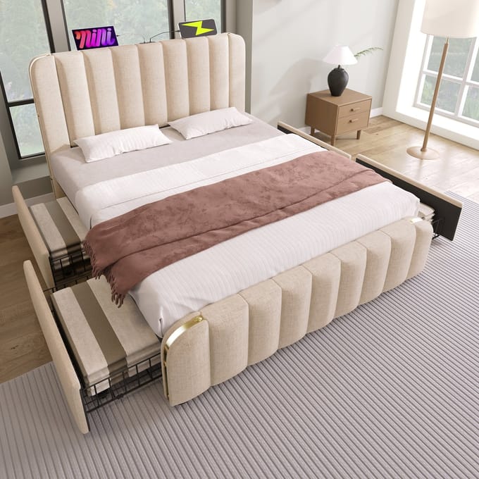 REDOM Bedframe 160x200 cm van linnen – Met USB/Type-C, 4 lades en metalen accenten – Beige