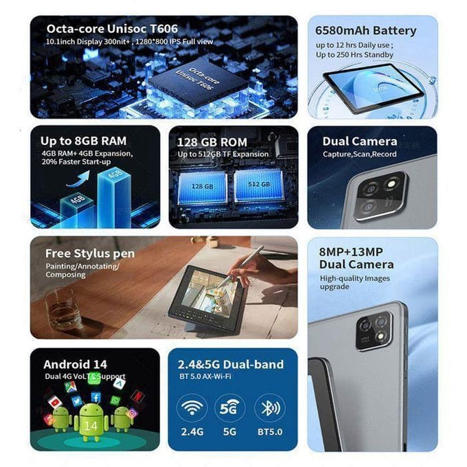 Touchscreen Tablet - G-TAB - T11 - 10,1 inch - Unisoc T606 - 8 GB RAM - 128 GB ROM