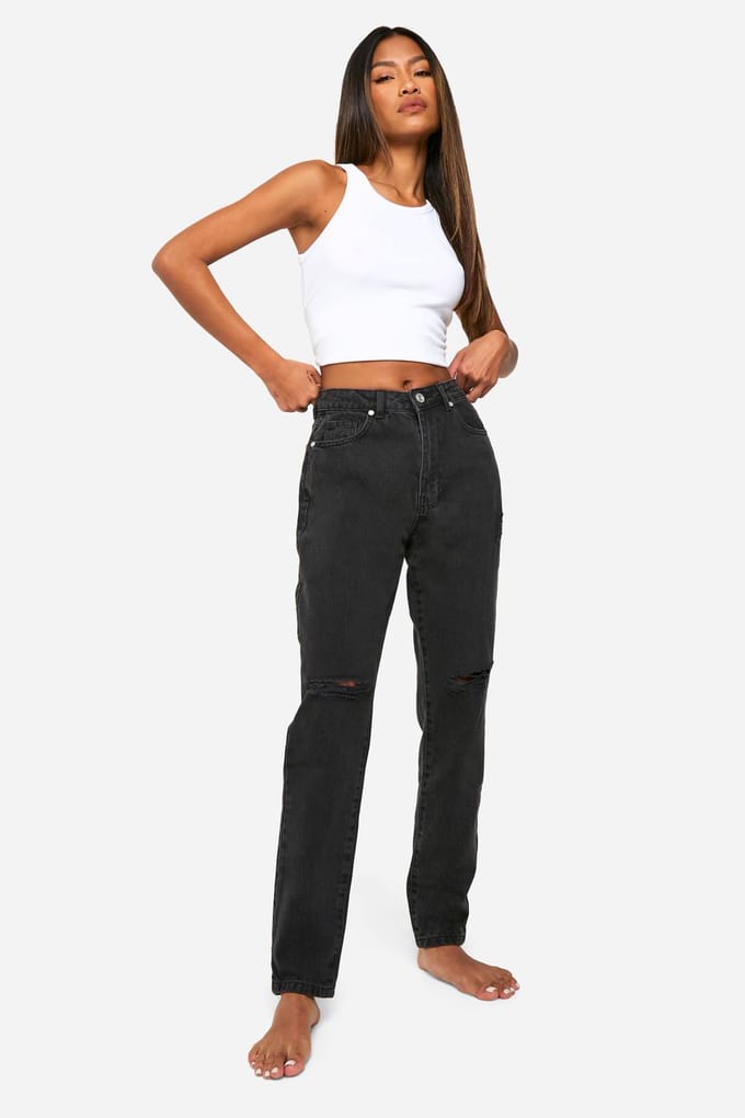 Dames Boohoo Basics 32 Inch Leg Hoge Taille Gescheurde Mom Jeans | Washed Black | Maat: 6