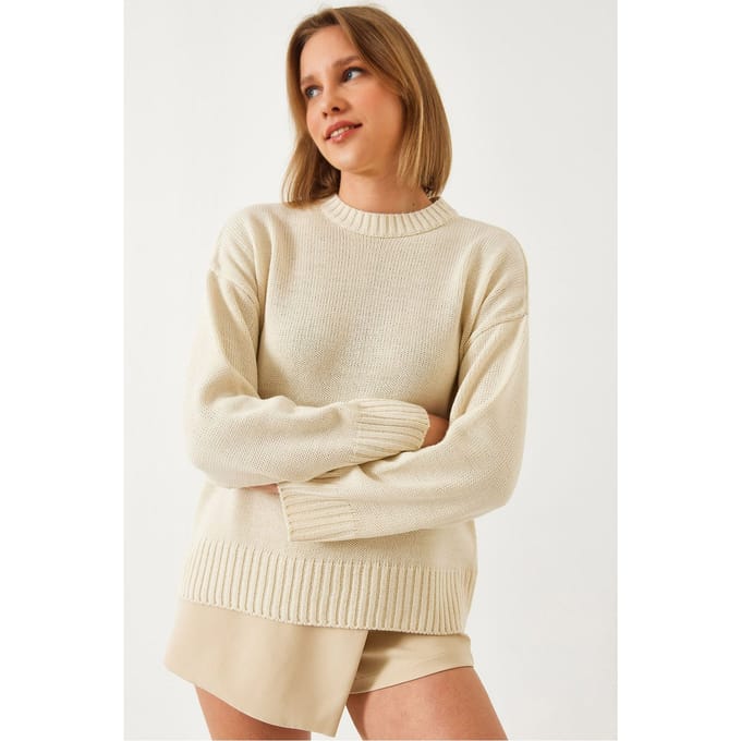 Ontspannen Pasvorm Crew Neck Geribbelde Trui