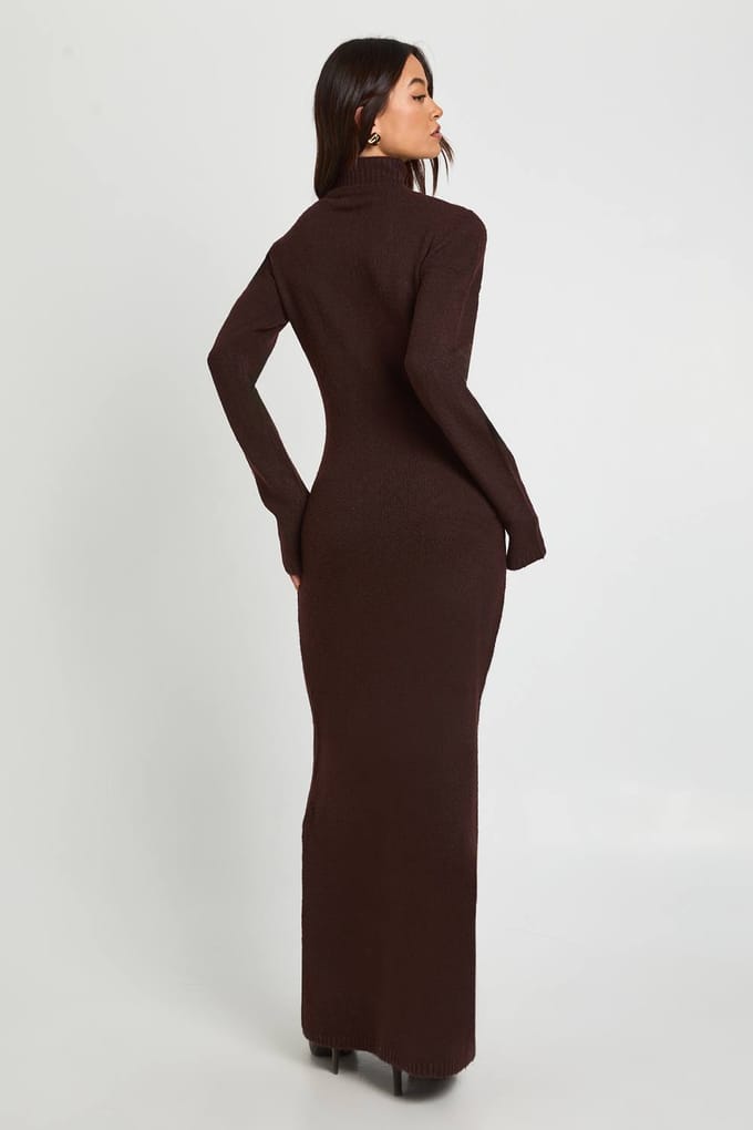 boohoo Dames Hoge rolhals superzachte gebreide maxi-jurk | Chocoladebruin | Maat: Small