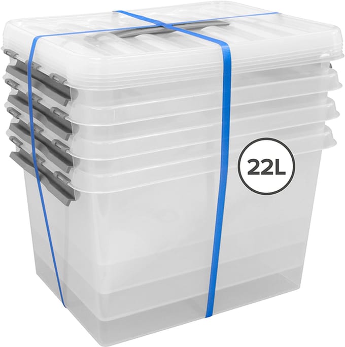 Sunware - Q-line Opbergbox met deksel - 22L - Set van 4 - Transparant/Grijs