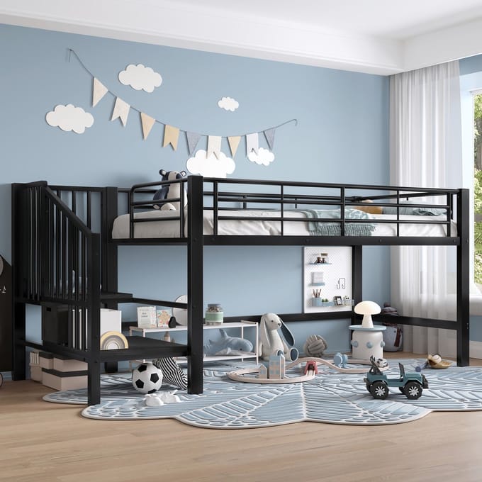 REDOM Hoogslaper 90x200 cm van metaal/MDF – Met opbergtrap – Zwart