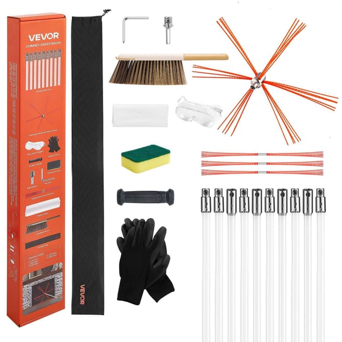 Kit de ramonage, Brosse de cheminée extensible jusqu'à 10 m maximum, Kit de nettoyage de cheminées avec brosses de rechange et lunettes de protection, Cheminée flexible à 90°
