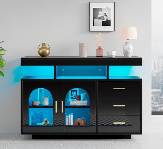 Industrial Home Luxe LED Dressoir - Zwart - LED Dressoir Buffetkast 120 cm - Medahomestore