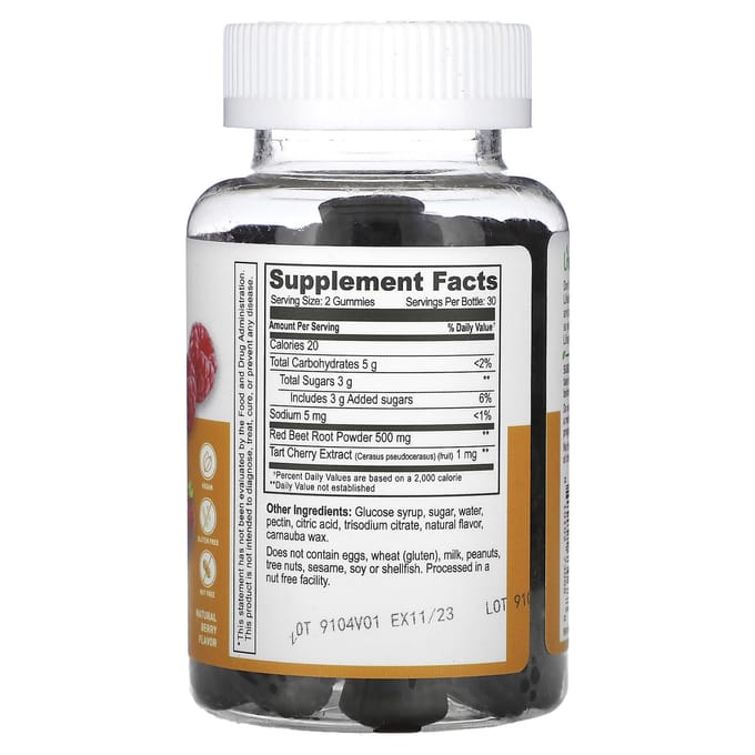 Lifeable, bietensap + zure kers extract gummies, natuurlijke bes, 500mg, 60 gummies (250mg per gummy)