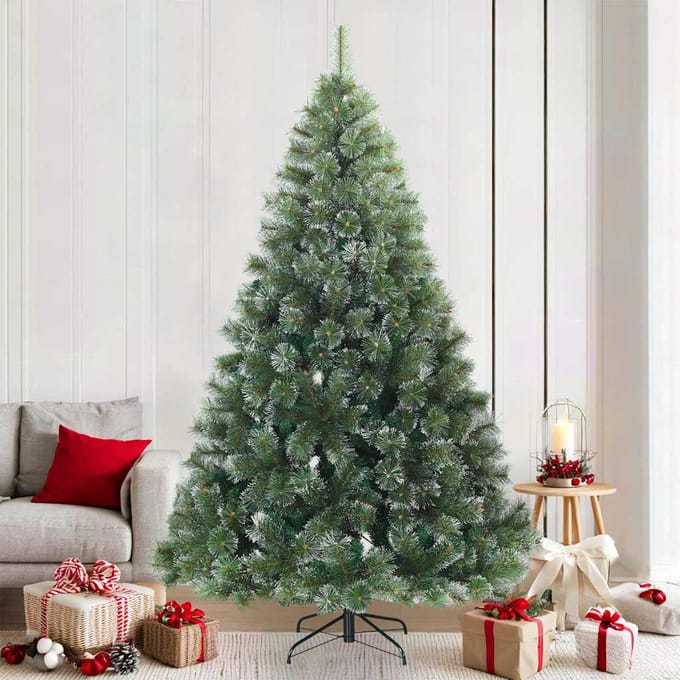 vidaXL - Kunstkerstboom - met - Scharnier - en - Sneeuw - Vilt - Wit - en - Groen - 210 - cm