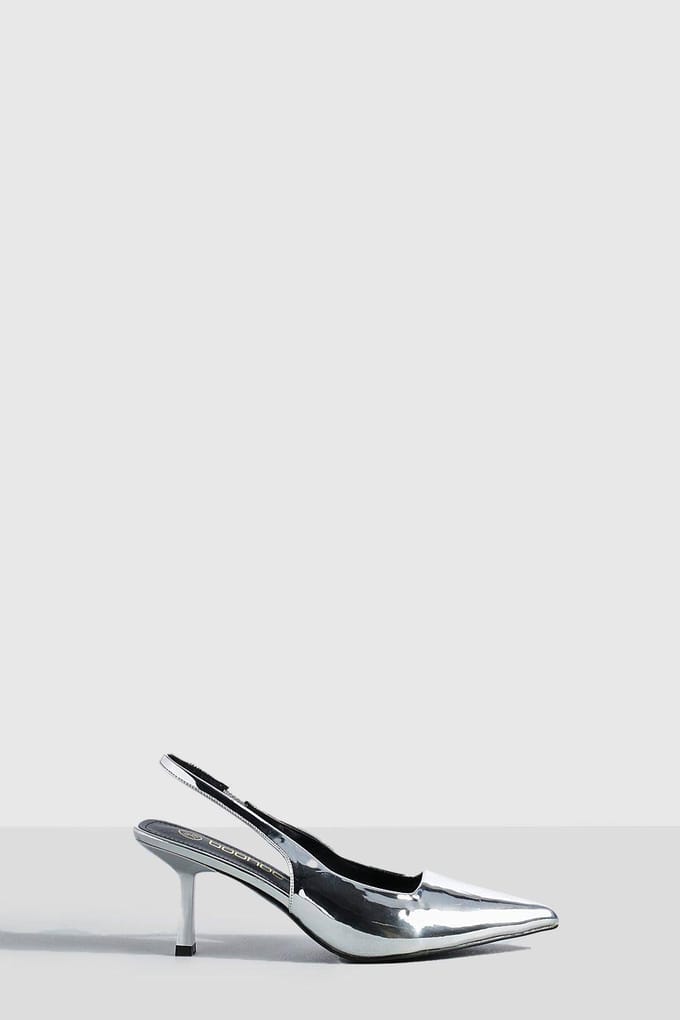 boohoo Dames Metallic Low Stiletto Slingback Courtschoen | Silver | Maat: 3