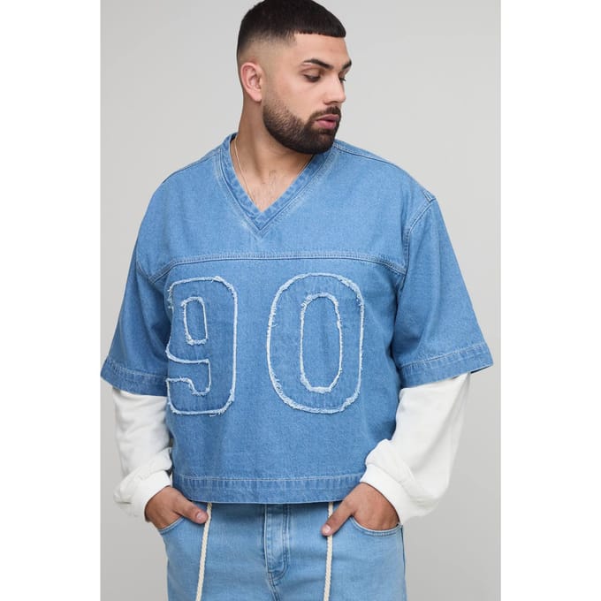 Plus Oversized Boxy Faux Layer Applique Denim Varsity Top | Light Blue | Size 2XL