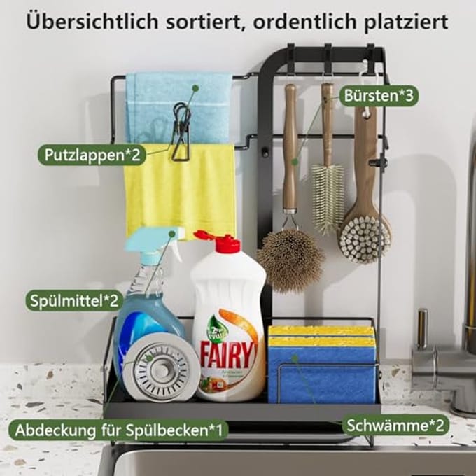 Spoelbak-organizer met afvoerpan en sponshouder - Ruimtebesparend keukenaccessoire