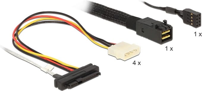 Mini-SAS HD SFF-8643 > 4x SAS SFF-8482 + 4x Molex met sideband - 0,50 meter