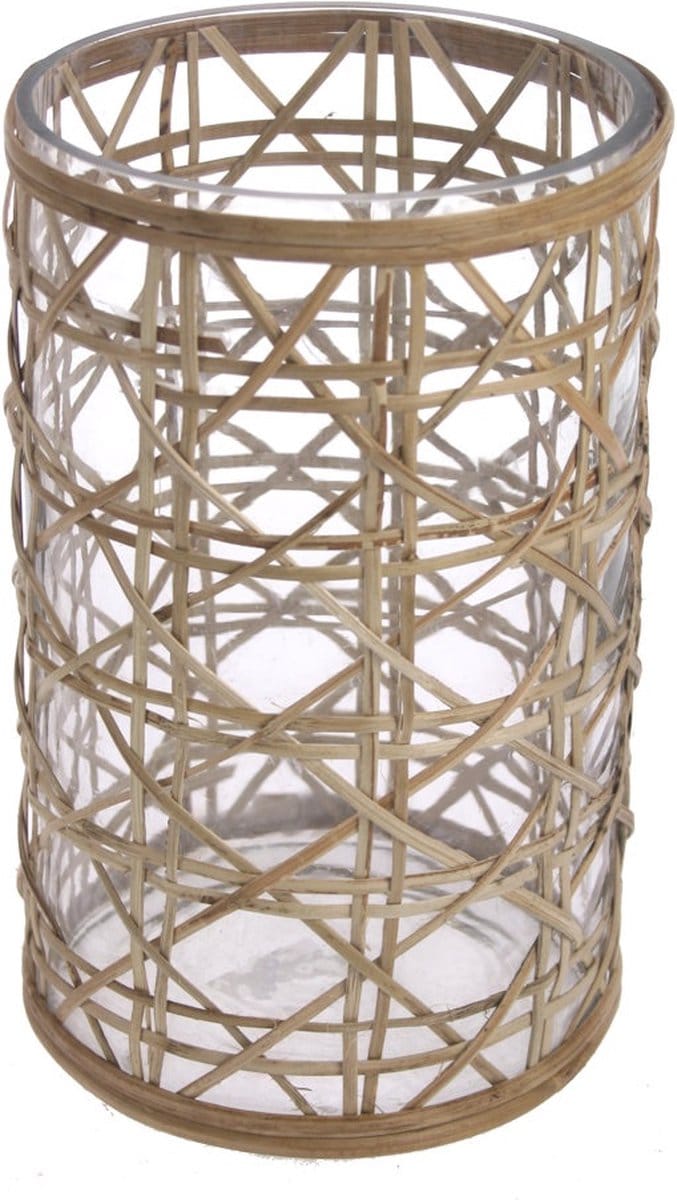 Windlicht glas/vlechtwerk Ø12xH21cm