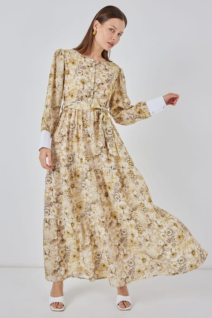 Viskose Blend Geprinte Maxi Jurk met Knopenlijn