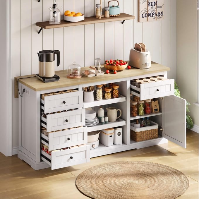 Sweiko Dressoir - Keukeneiland - 5 lades - Neerklapbaar tafelblad - Met stopcontact - Wit