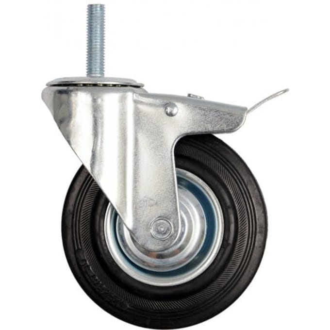 Zwenkwiel 125mm met Rem, M12 Schroefdraad, 100kg Draagvermogen