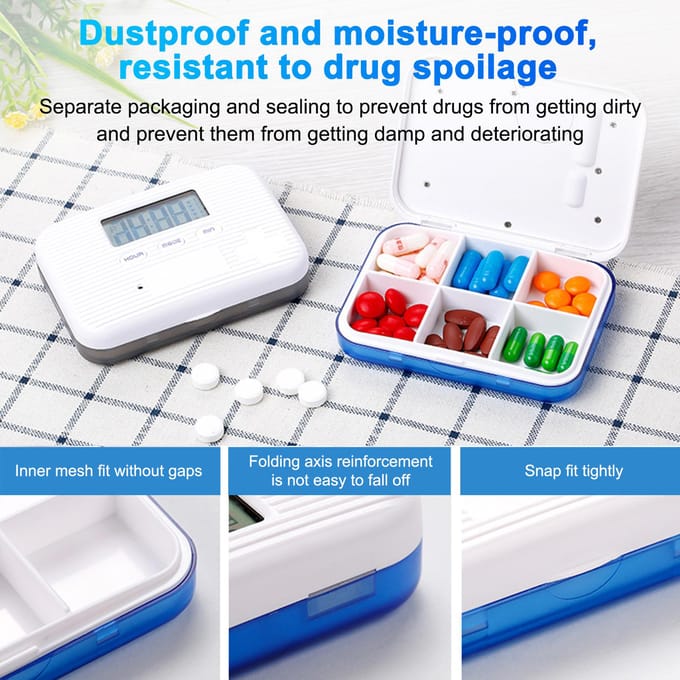 Draagbare mini-pillendoos Getimede herinneringen 6 compartimenten Pil-organizer Elektronische herinneringspillendoos blauw