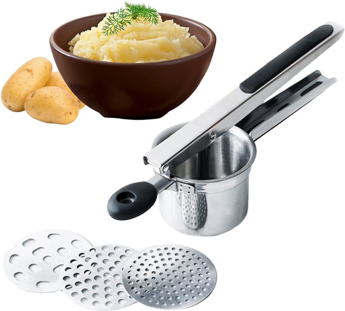 YUGN Aardappelpers - Pureeknijper - RVS - 3 Verwisselbare Schijven - Siliconen Handgrepen