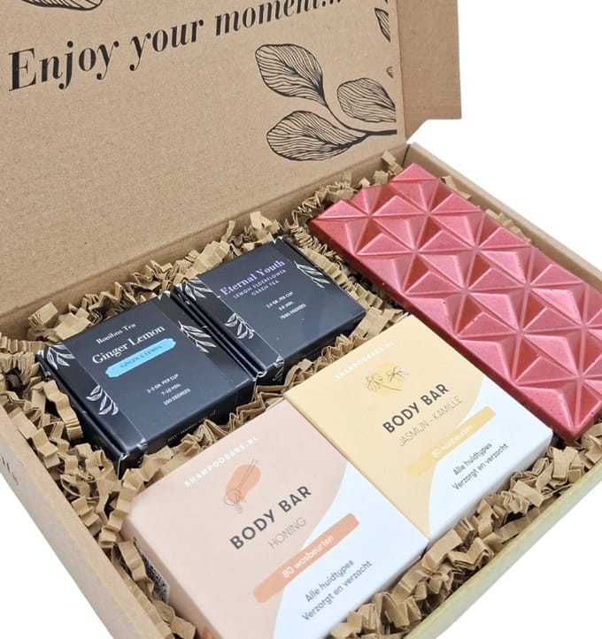 Shampoobars - Geniet & Ontspan Box - 2 Bodybars - 2 Thee - Chocolade reep