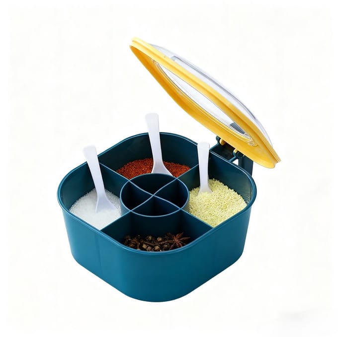 longziming -Voedselkwalitatief Plastic Kruidenbox Set - 4-compartimenten Blauw Met 4 Lepels