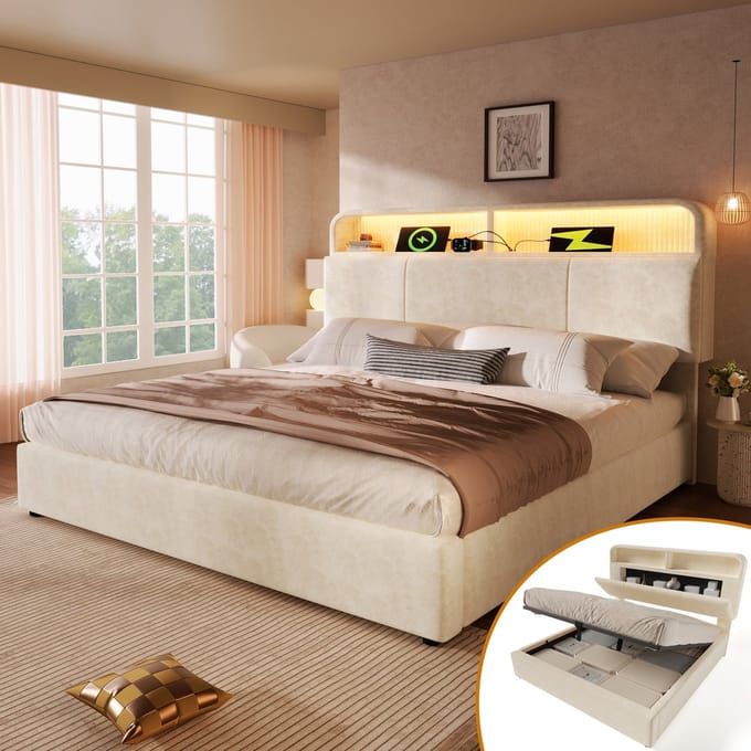 Gestoffeerd bed - 140x200 cm - Hydraulisch Bed met USB & LED - Verstelbaar Hoofdbord - Fluweel - Beige
