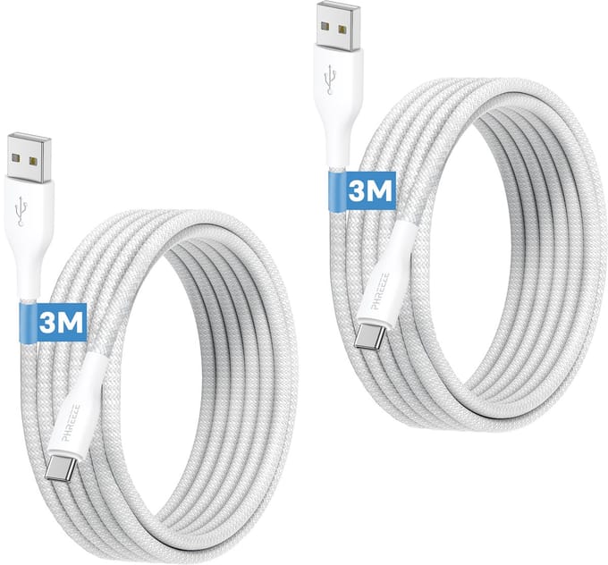 2x oplaadkabel - Usb C naar usb A - data & oplaad kabel - 3 meter - Stevig nylon - Wit - Phreeze