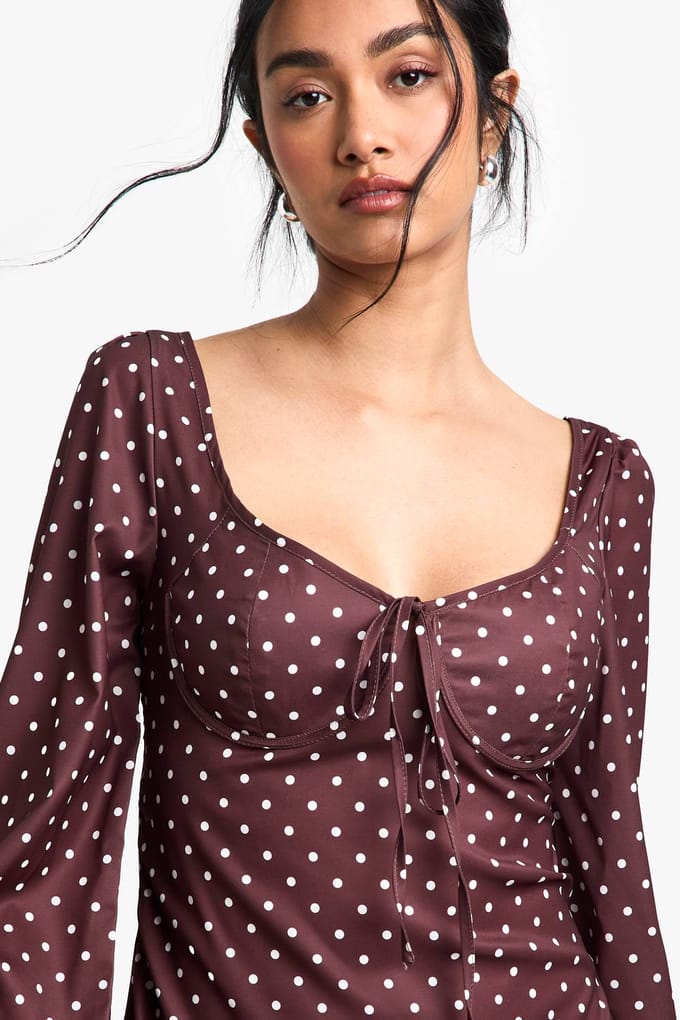 boohoo Dames Polkadot Melkmeisje Mini-Jurk | Brown | Maat: 10