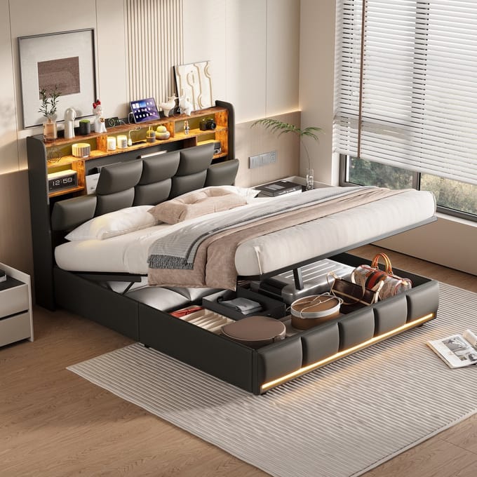 Opbergbed 140x190 Zwart PU – Bed met LED, USB & Opbergruimte