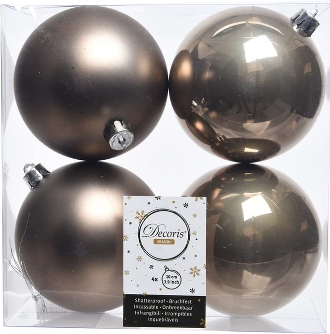Decoris Kerstballen - 4x st - kasjmier bruin - D10 cm - kunststof - kerstversiering