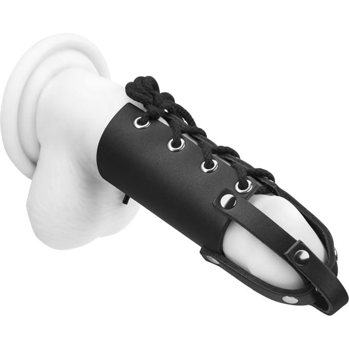 Rimba - Lederen Penis Strap met Veter en Bandje over Eikel - Zwart