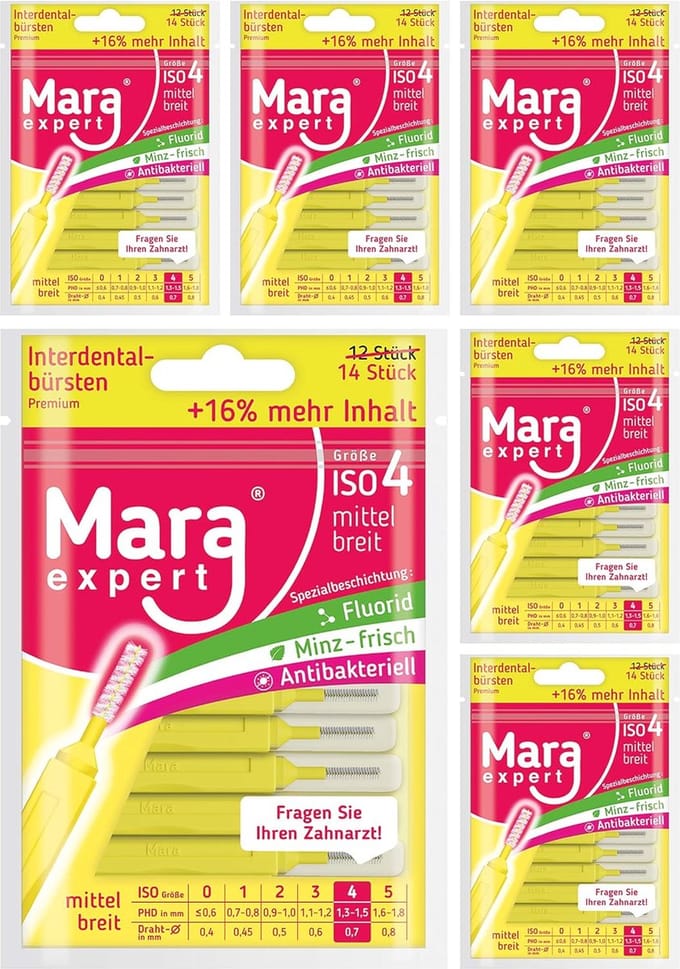 Gele interdentale borstels 0,7 mm ISO 4 - Medium breed - 6 x 14 interdentale borstels met fluoride en chloorhexidine