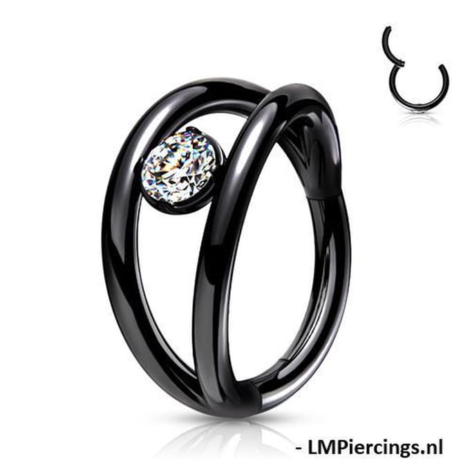 Piercing High Quality Double Hoop met CZ steen 1.2x8 - zwart - LMPiercings